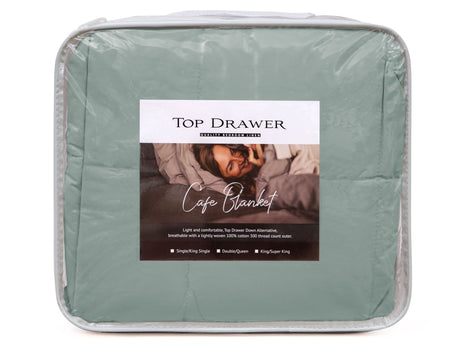 Luxurious Duck Egg Café Blanket in King/Super King, 100% cotton, down alternative fill, machine washable, perfect for cozying up.