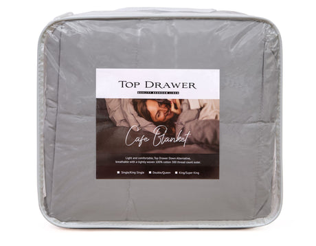 Luxurious silver Caf&eacute; blanket for King/Super King beds, 100% cotton, lightweight down alternative, machine washable.