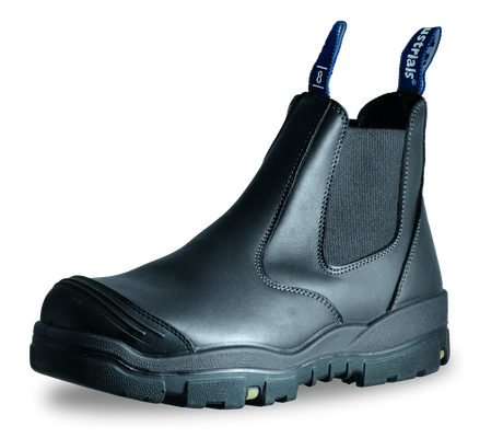 Black leather Bata Trekker safety boots with elastic sides, reinforced toe, slip-resistant soles, and designed for comfort. Size 3.