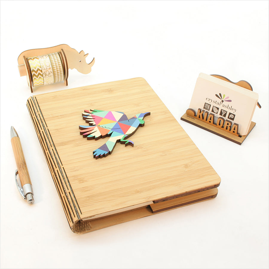 Geometric Tui Notebook made of NZ Silver Beech & Bamboo Veneer, featuring elegant design, perfect for writing and sketching.