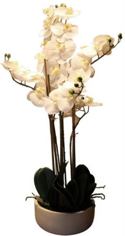 Lifelike 70cm artificial white orchid in a Caesarstone pot, enhancing home decor with elegance and vibrant color.
