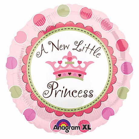 45cm "A New Little Princess" foil balloon featuring a vibrant princess design, perfect for baby showers and birthday celebrations.
