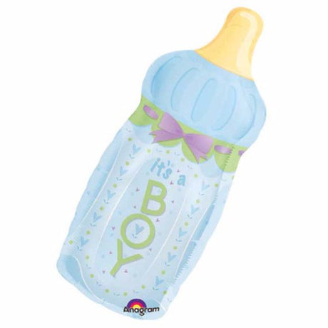 A bright blue baby bottle-shaped foil balloon with a bow, perfect for celebrating a boy's arrival at baby showers or parties.