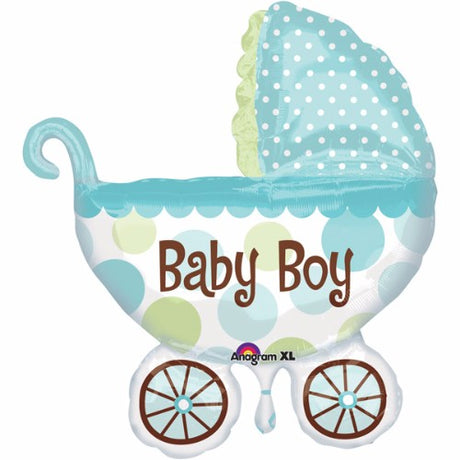 Vibrant shape baby boy buggy pram foil balloon, 71cm x 79cm, perfect for baby showers and celebrations.