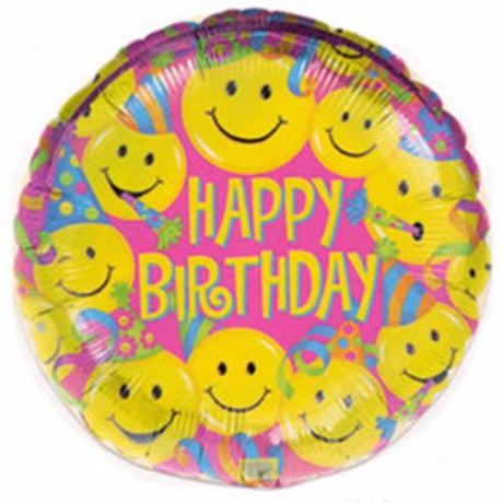 22cm flat foil balloon featuring a vibrant smiley face, perfect for birthday celebrations and decorations.