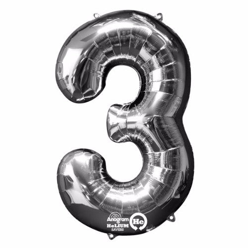 Silver foil balloon shaped like the number three, 86cm high, perfect for parties and celebrations with helium-saving technology.