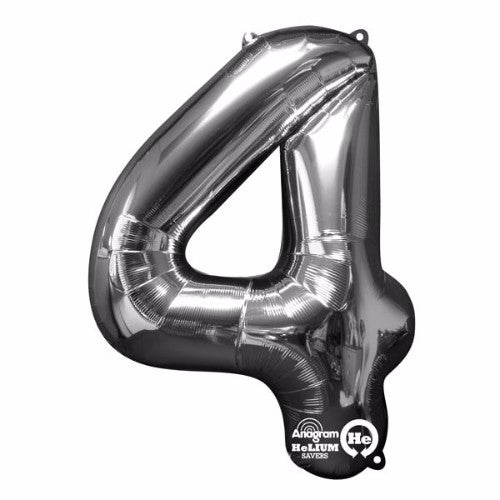 Sleek 86cm silver foil balloon shaped like the number four, perfect for elegant party decorations and long-lasting helium retention.