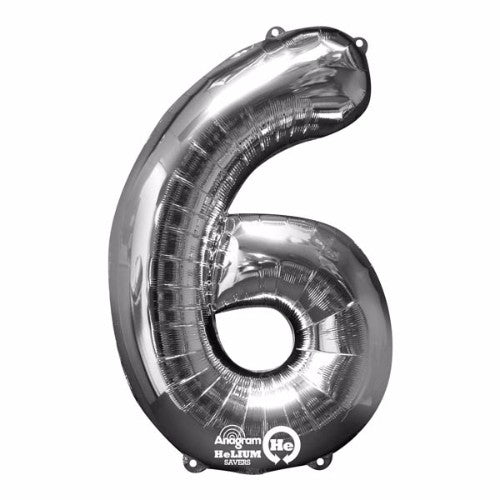 Silver foil balloon shaped like the number six, 86cm high, perfect for celebrations, air or helium-filled, self-sealing design.