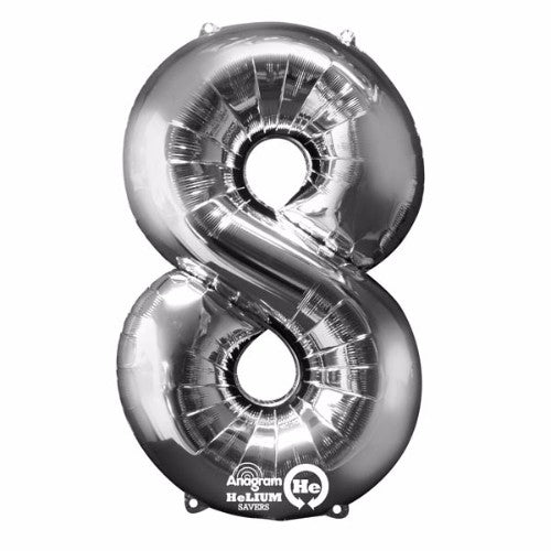 Shape Number Eight Silver Helium Saver balloon, 86cm tall, perfect for celebrations, self-sealing, and long-lasting helium support.