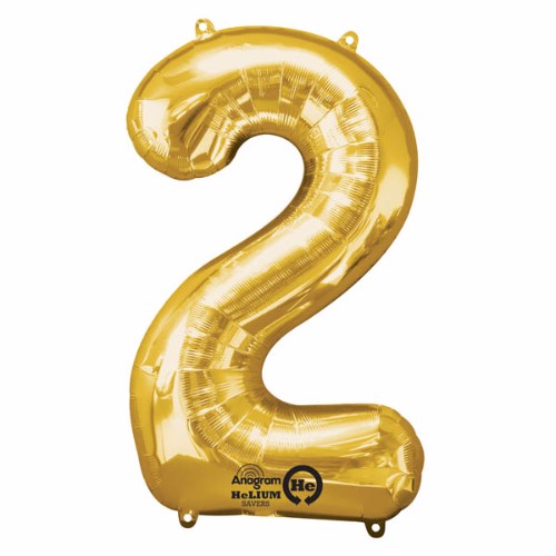 Glamorous 86cm gold foil number two balloon, perfect for celebrations, self-sealing, and designed to last longer with helium.