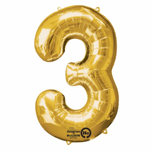 Gold number three foil balloon, 86cm high, perfect for events with helium-saving technology for longer buoyancy.