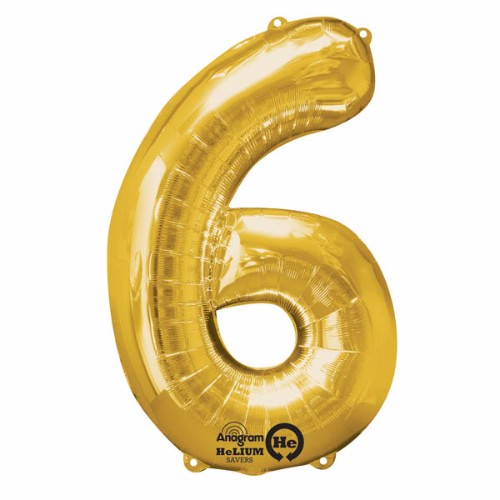 Gold foil balloon in the shape of the number six, 86cm high, designed to retain helium and perfect for celebrations.