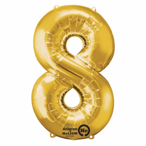 Gold foil Shape Number Eight balloon (86cm) with helium saver technology, perfect for glamorous celebrations and events.