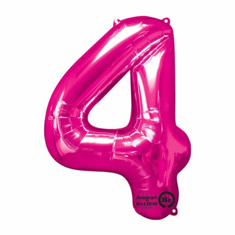 Pink foil number four balloon, 86cm high, designed to save helium, ideal for celebrations and party decorations.