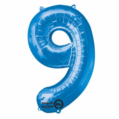 Vibrant blue shape number nine foil balloon, 86cm high, perfect for celebrations with self-sealing feature for lasting inflation.