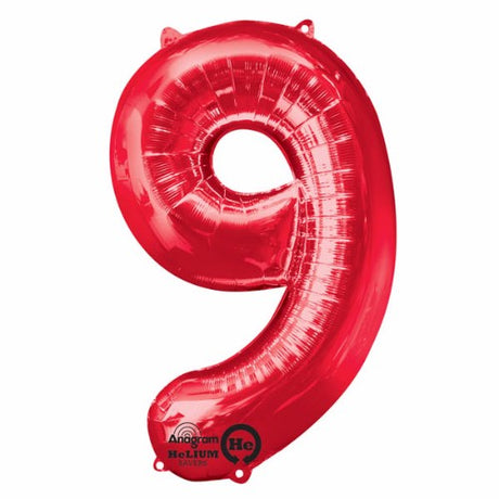 Large red foil Shape Number Nine balloon, 86cm high, perfect for festive celebrations and easy to use with air or helium.