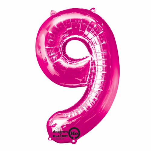 Pink Shape Number Nine foil balloon, 86cm, helium saver for vibrant celebrations, self-sealing, perfect for parties.