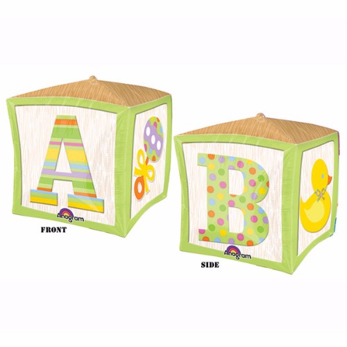 Colorful Shape Cubez Baby Block foil balloon, 38cm, perfect for baby showers and themed parties, floats with helium.