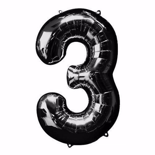 86cm high black foil balloon in the shape of the number three, ideal for parties and celebrations, self-sealing and durable.