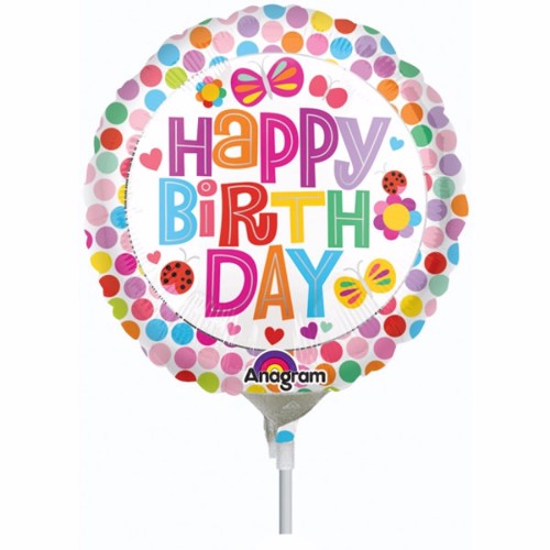 Balloon 10cm -  Happy Birthday Flowers Butterflies & Dots (Flat)