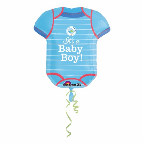 "It's A Boy" foil balloon shaped like a onesie, perfect for baby showers, measuring 55cm x 60cm, self-sealing and helium-filled.
