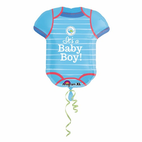 "It's A Boy" foil balloon shaped like a onesie, perfect for baby showers, measuring 55cm x 60cm, self-sealing and helium-filled.