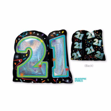 Holographic foil balloon for 21st birthdays, 68cm x 66cm, self-sealing, adds a festive touch to celebrations.