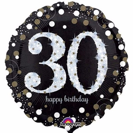 71cm holographic foil balloon shaped as "30" for festive birthday celebrations, self-sealing and helium inflatable.