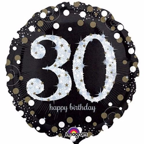 71cm holographic foil balloon shaped as "30" for festive birthday celebrations, self-sealing and helium inflatable.