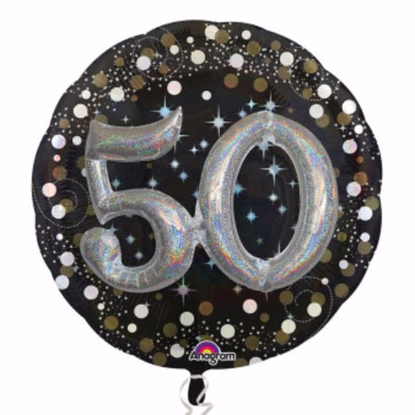 Vibrant 81cm holographic foil balloon shaped like the number 50, perfect for stylish birthday celebrations.