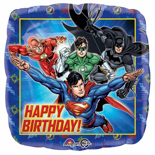 Vibrant 45cm Justice League Happy Birthday balloon featuring Superman, Batman, and Wonder Woman, perfect for superhero parties.