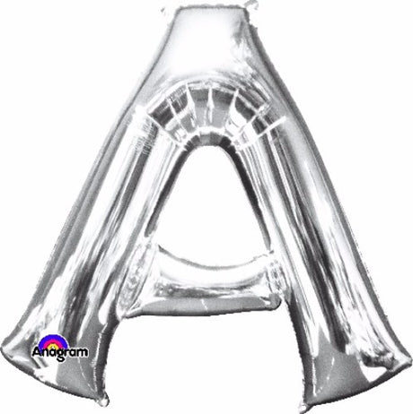 Shiny silver Letter A balloon, 86cm, self-sealing, perfect for celebrations and versatile decoration needs.