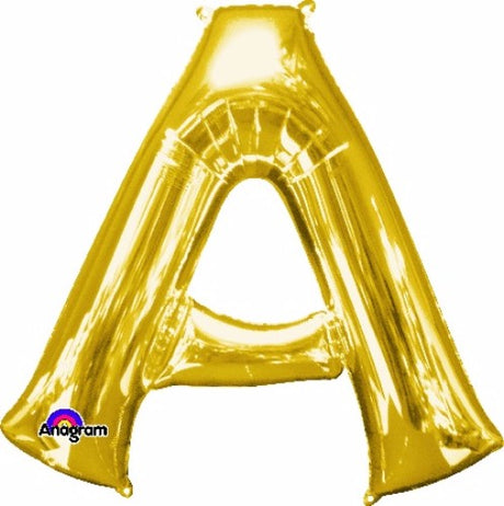 Shiny 86cm gold Letter A helium saver balloon, perfect for elegant celebrations and versatile decoration.