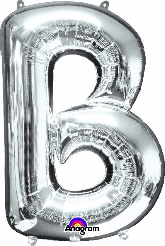 Letter B silver 86cm helium saver balloon, perfect for elegant celebrations, self-sealing and long-lasting inflation.