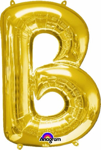 Gold Letter B balloon, 86cm, self-sealing, ideal for helium or air, perfect for parties and celebrations.