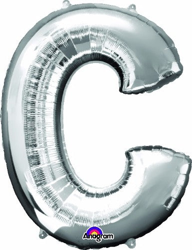 Shiny silver letter C balloon, 81cm, self-sealing, perfect for elegant party decorations and helium savings.