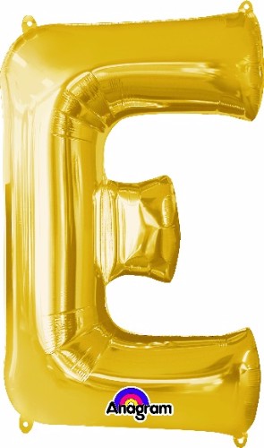 Gold Letter E balloon, 81cm, perfect for celebrations; self-sealing, versatile for helium or air filling, stylish decoration.