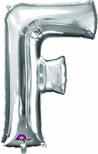 Silver letter F helium saver balloon, 81cm tall, self-sealing, perfect for celebrations and decorations.