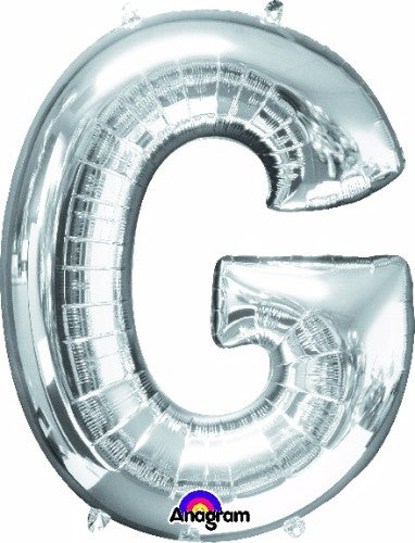 Shiny silver Letter G balloon, 81cm, self-sealing, perfect for celebrations and customizable decor.