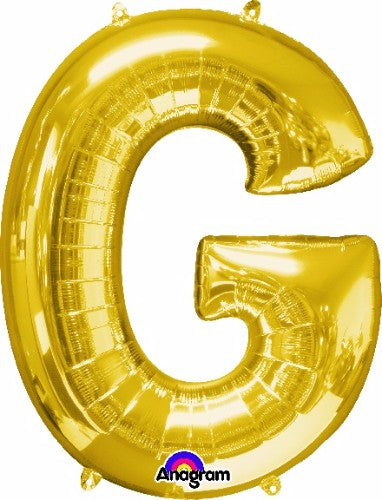 Gold Letter G helium saver balloon, 81cm, self-sealing; ideal for parties and events, fills with air or helium.