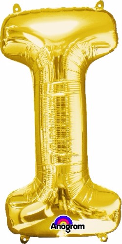 Gold Letter I helium saver balloon, 81cm, self-sealing for easy use, perfect for parties and elegant celebrations.