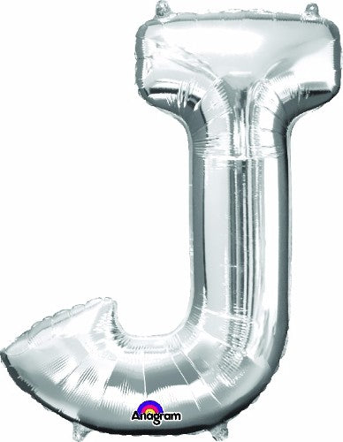 Silver Letter J Helium Saver balloon, 83cm, self-sealing, perfect for versatile party decorations and celebrations.