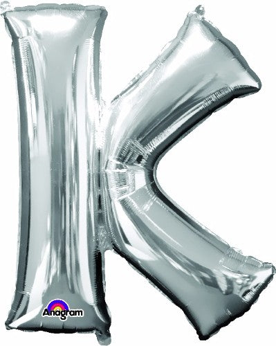 Letter K Silver 83cm helium saver balloon, self-sealing, perfect for stylish party decor and memorable celebrations.