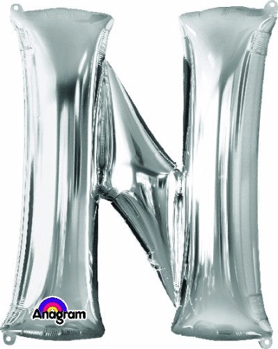 Shiny silver 81cm Letter N balloon, self-sealing, ideal for stylish party decorations and celebrations.