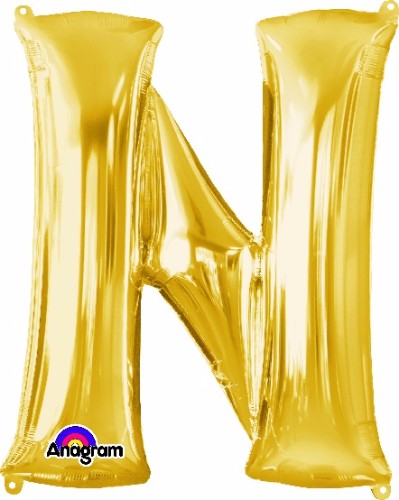 Letter N gold balloon, 81cm, self-sealing, perfect for celebrations, air or helium fill, elegant decoration for events.