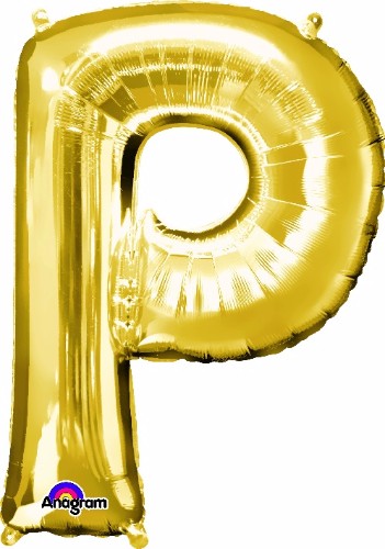 Gold Letter P balloon, 81cm, self-sealing, perfect for parties and events, air or helium fill option.