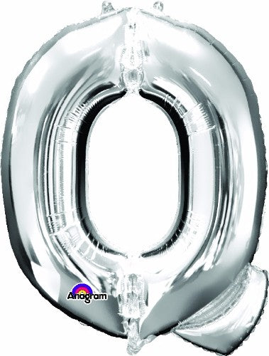 Silver Letter Q Helium Saver balloon, 81cm, self-sealing, perfect for celebrations and events with a reflective finish.