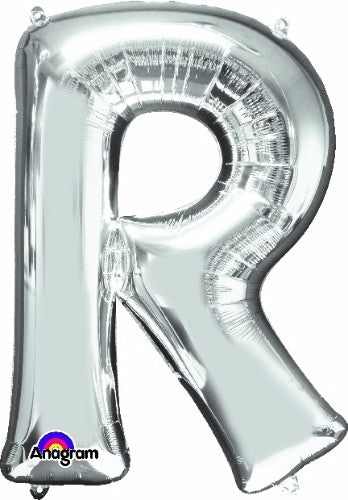 Elegant 81cm silver letter R helium balloon, perfect for celebrations and event decoration, self-sealing and versatile.