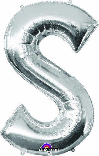 Silver 'S' balloon, 88cm, self-sealing, helium-saving, perfect for parties and events, stands tall and shiny.