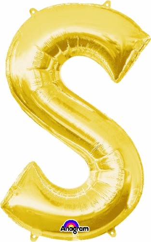 Shiny gold Letter S balloon, 88cm, perfect for parties; self-sealing, helium or air fill options, adds elegance to decor.